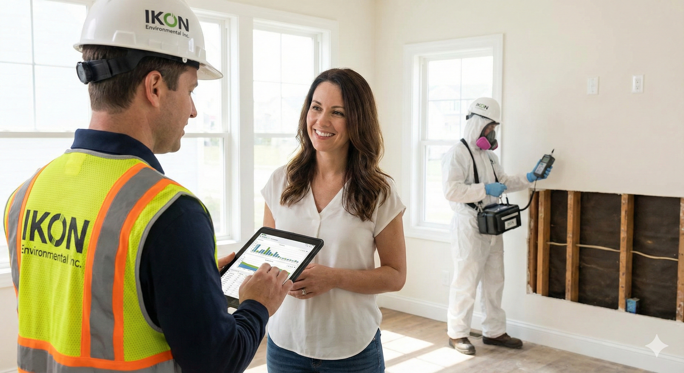 Inspector certificado de IKON Environmental Inc. revisando resultados de seguridad en tableta con una cliente, mientras un técnico realiza pruebas de asbesto y moho en el fondo durante una renovación.