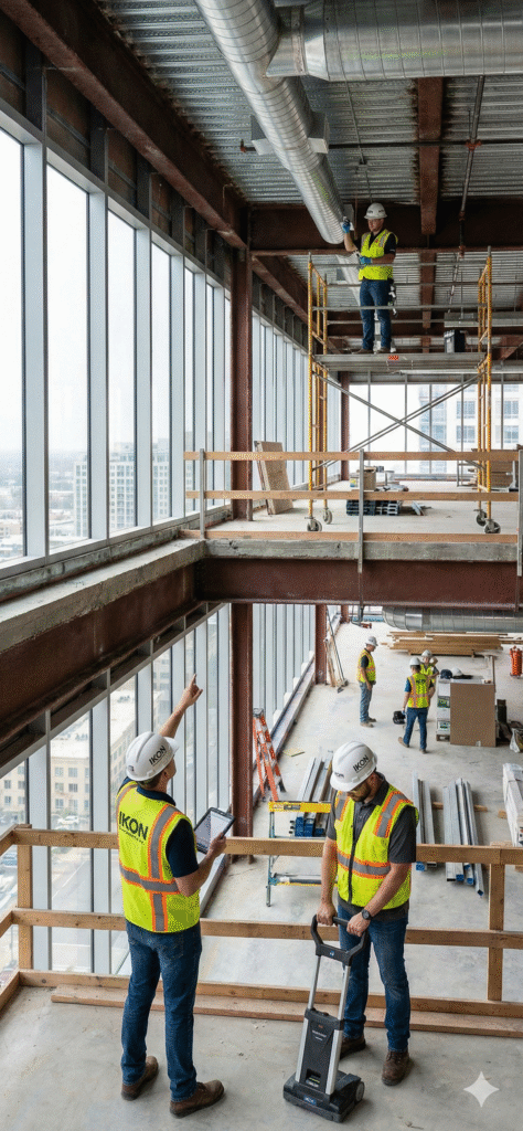 Inspector de IKON Environmental Inc. mostrando informe de seguridad en tableta a una cliente sonriente en primer plano, con un técnico realizando pruebas de asbesto y moho en el fondo de una renovación residencial.