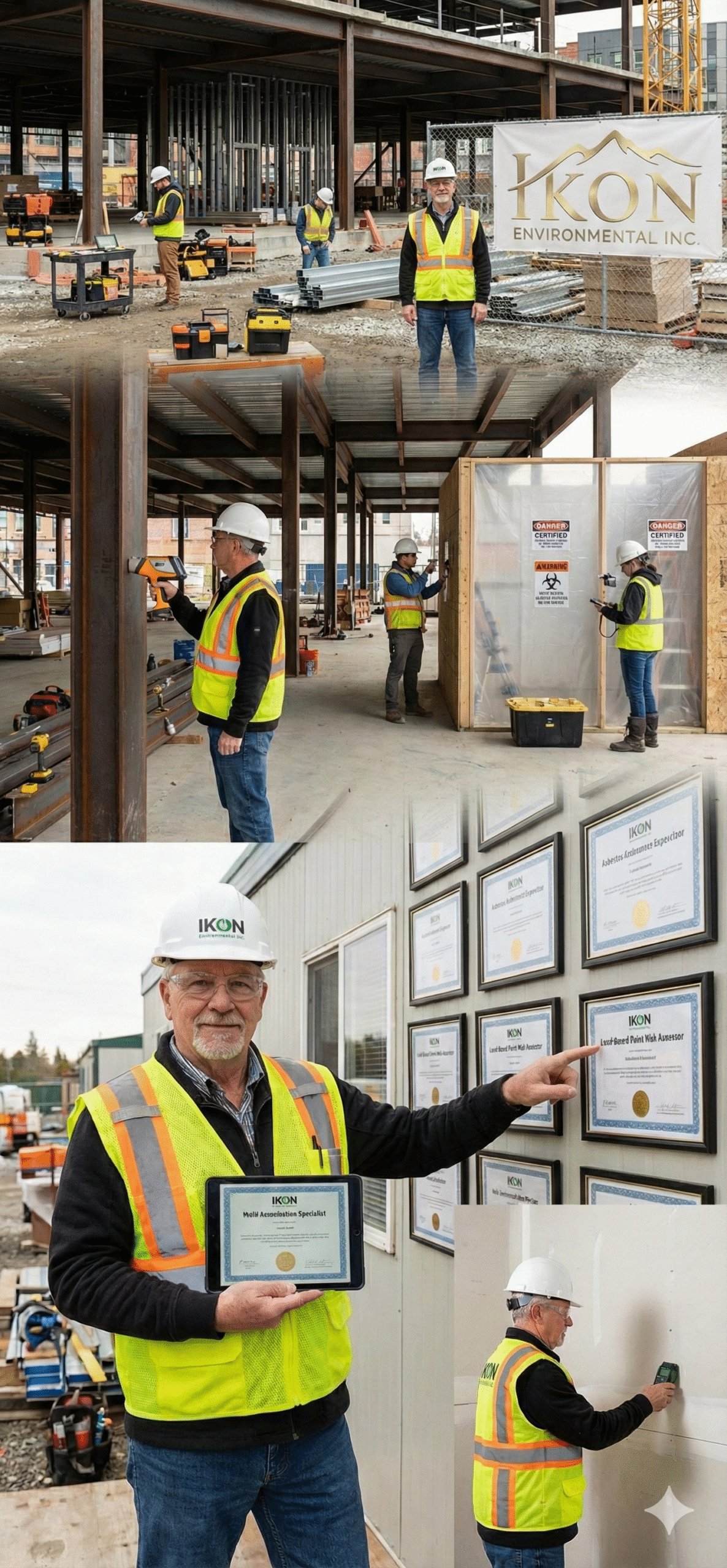 IKON Environmental Inc. inspector wearing a safety vest with the official gold mountain logo, reviewing a digital safety report with a smiling client while a technician in PPE conducts wall testing in the background.